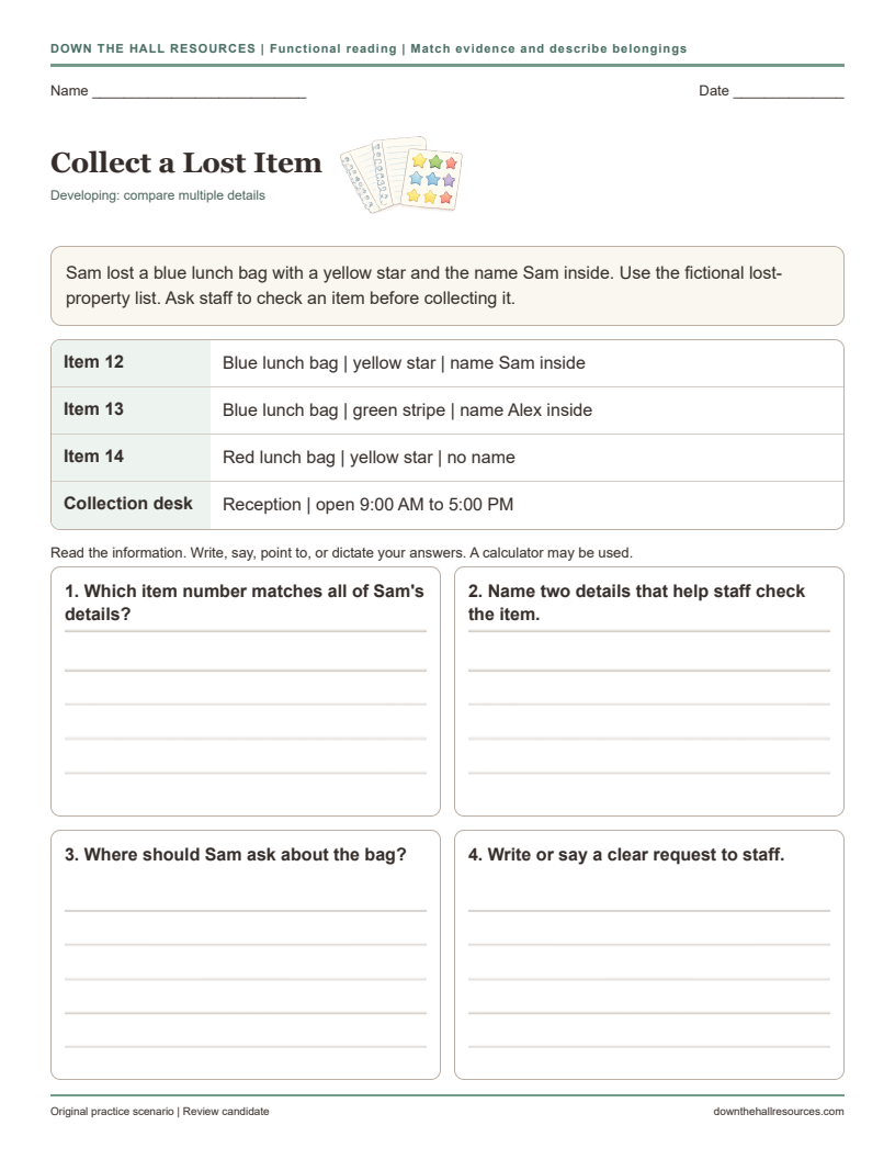 Collect a Lost Item printable worksheet preview