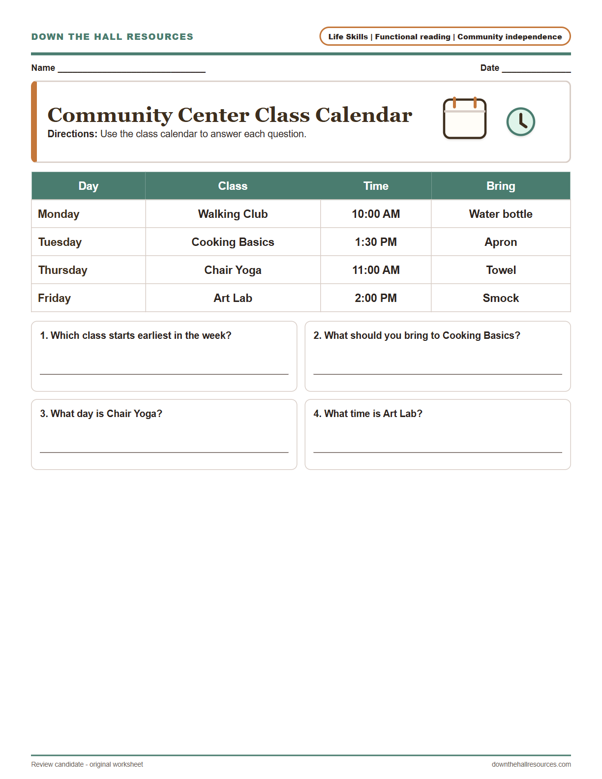 Community Center Class Calendar preview