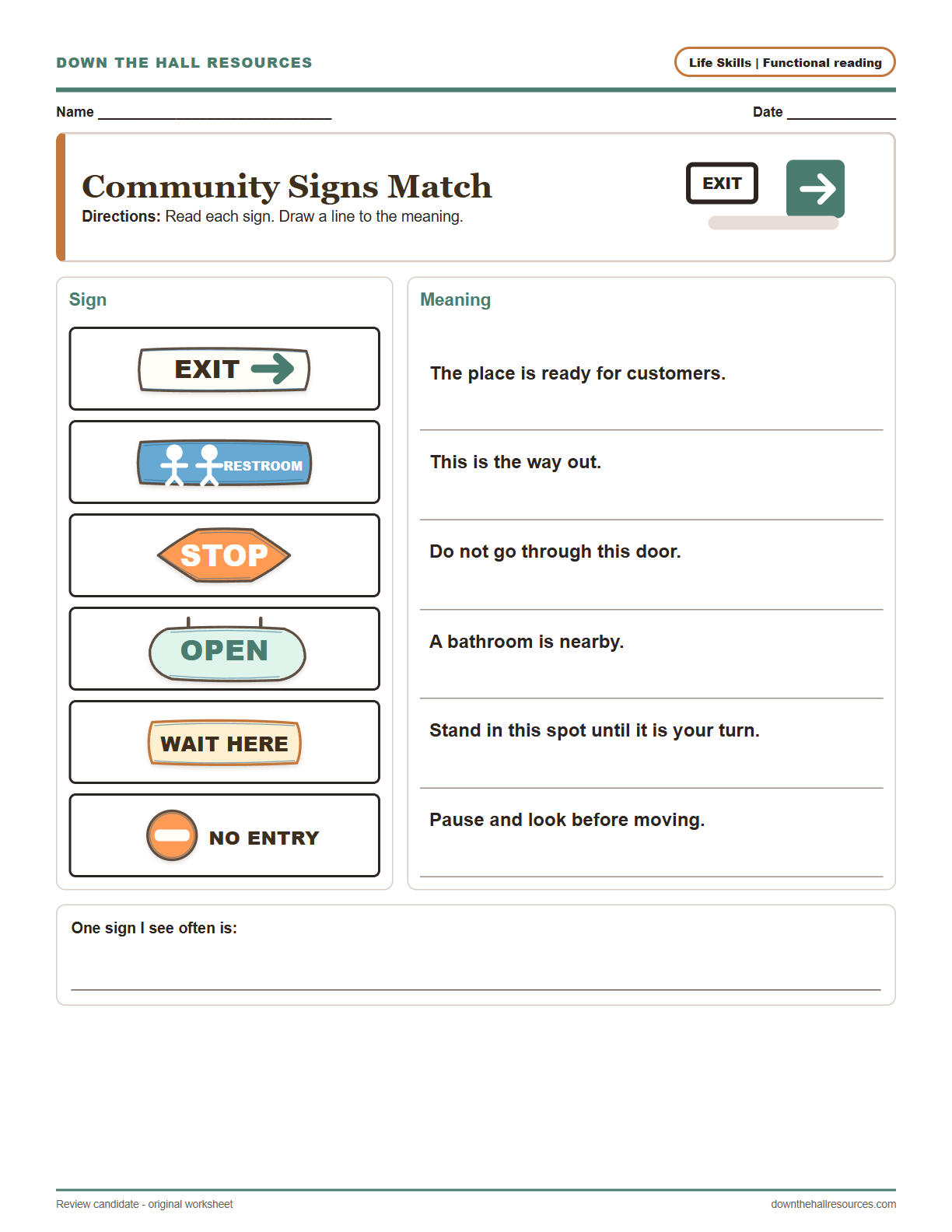 Community Signs Match worksheet preview