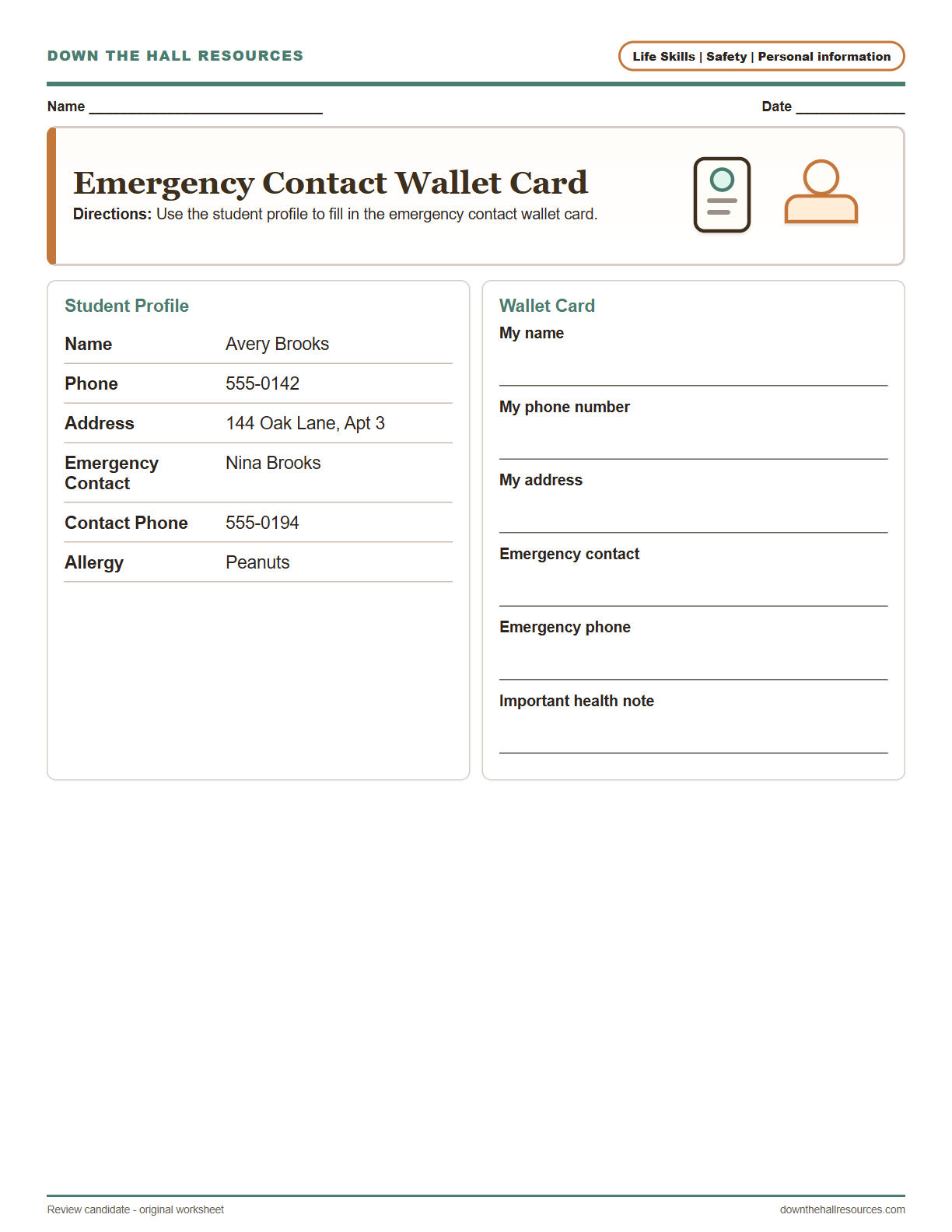 Emergency Contact Wallet Card printable worksheet preview