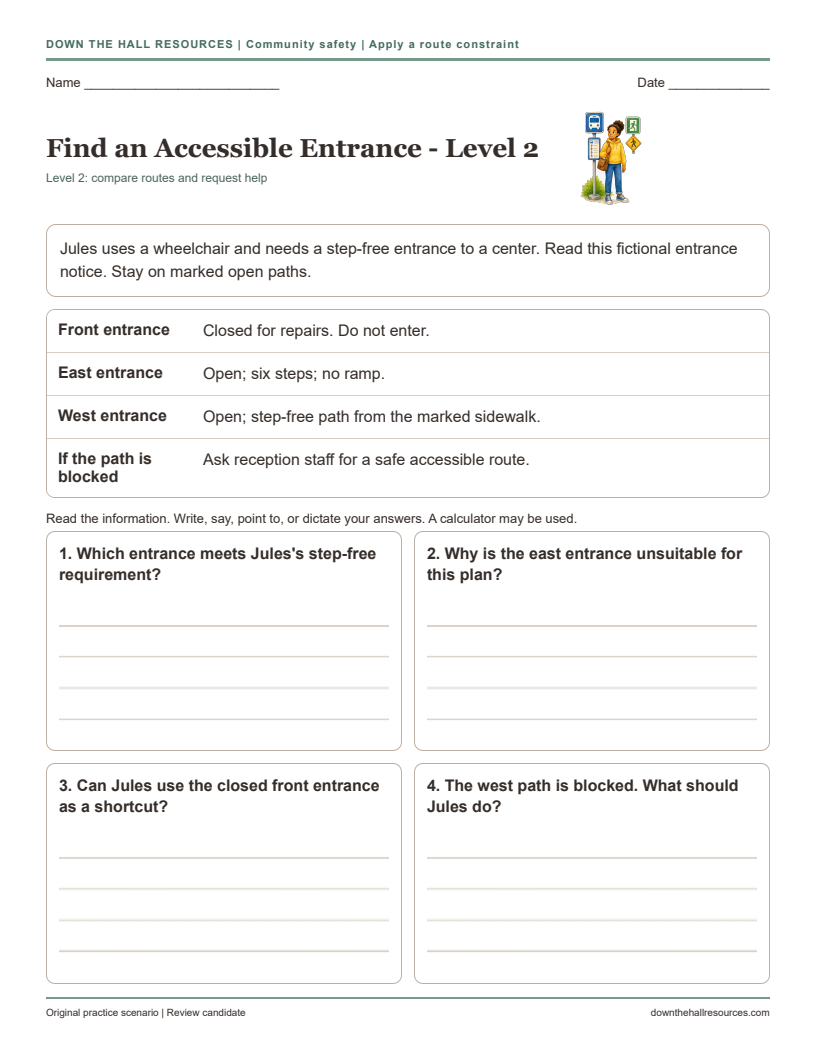 Find an Accessible Entrance Level 2 printable worksheet preview