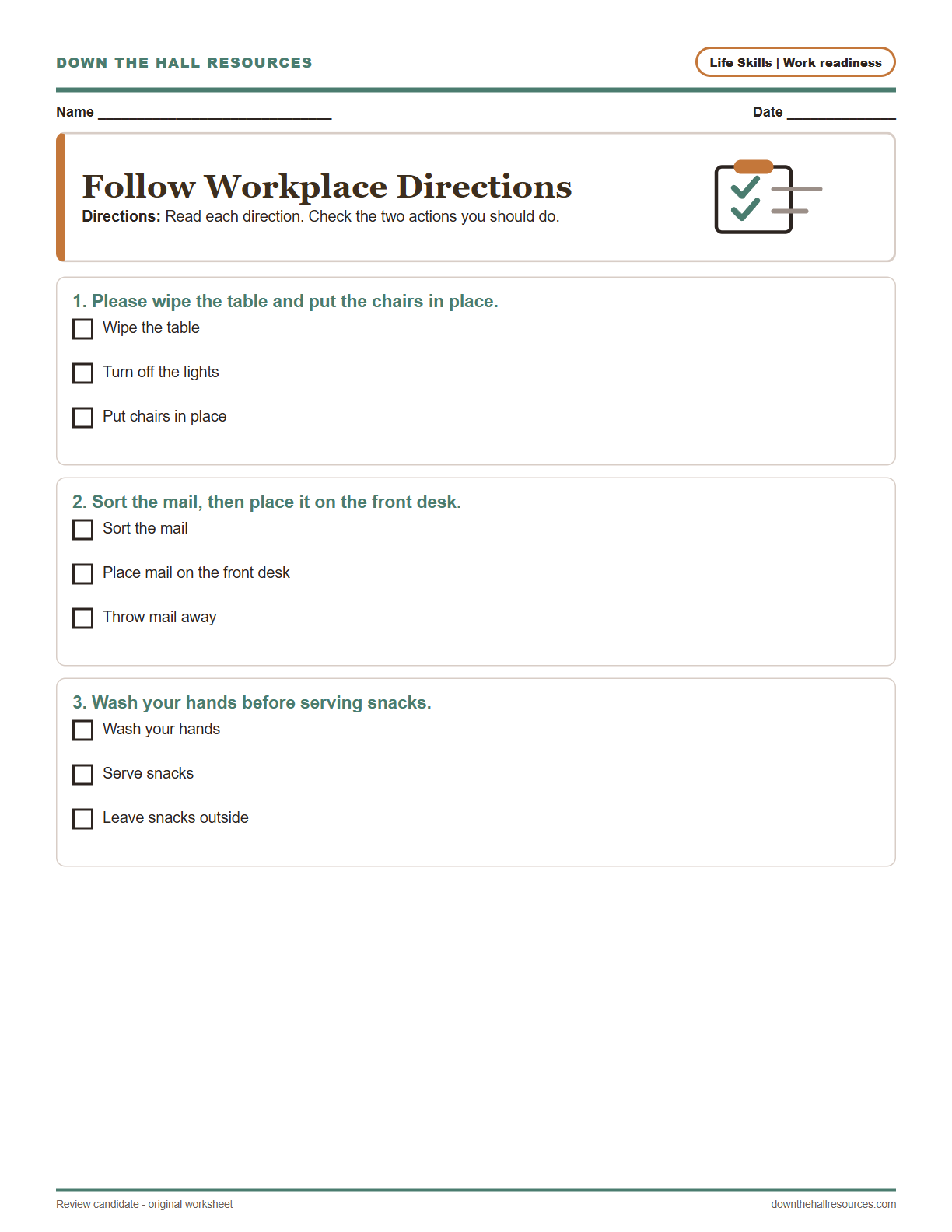 Follow Workplace Directions worksheet preview