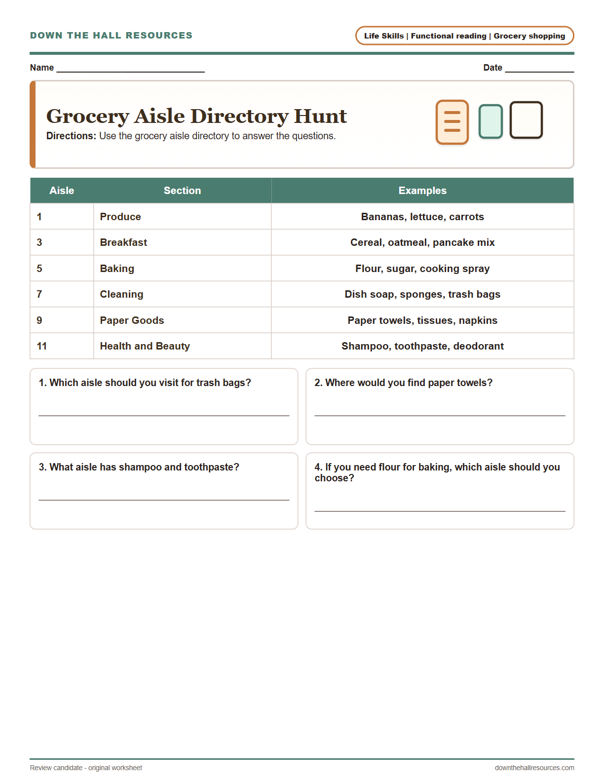 Grocery Aisle Directory Hunt printable worksheet preview
