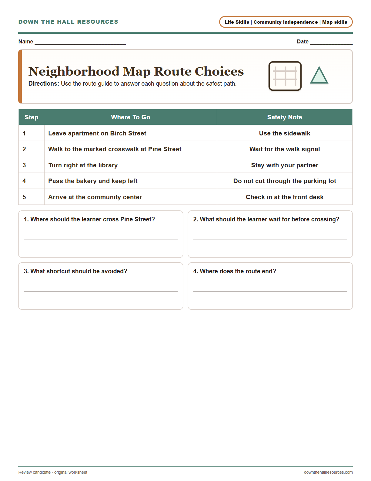 Neighborhood Map Route Choices printable worksheet preview