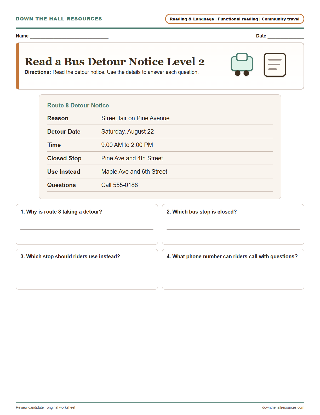 Read a Bus Detour Notice Level 2 printable worksheet preview