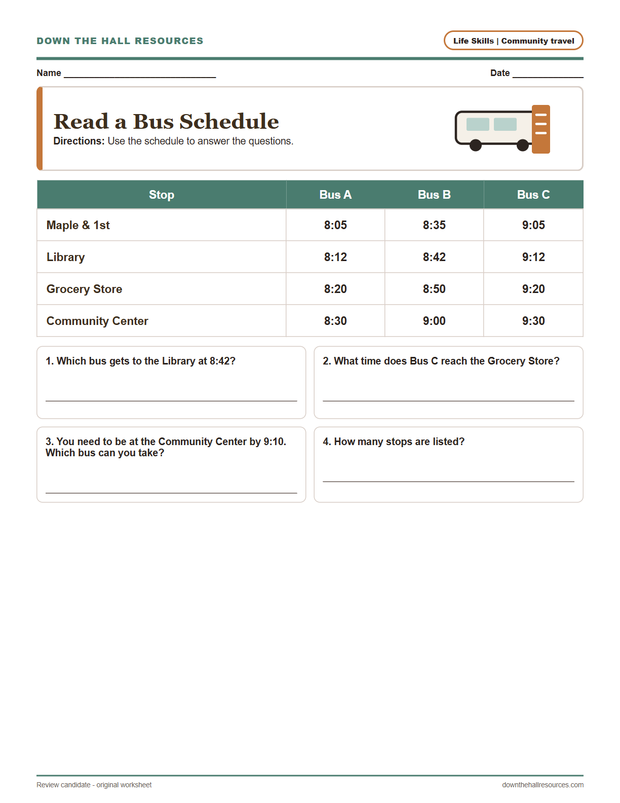 Read a Bus Schedule worksheet preview