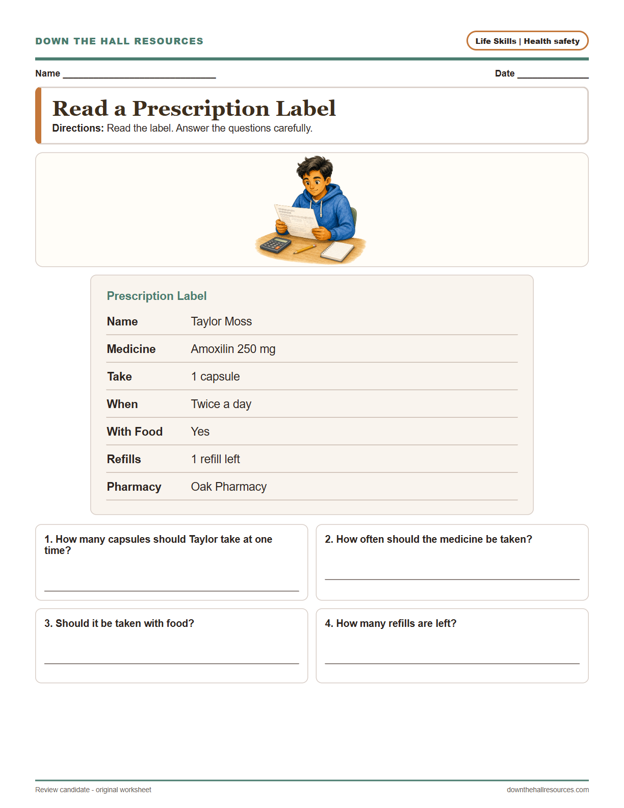 Preview of the Read a Prescription Label printable worksheet