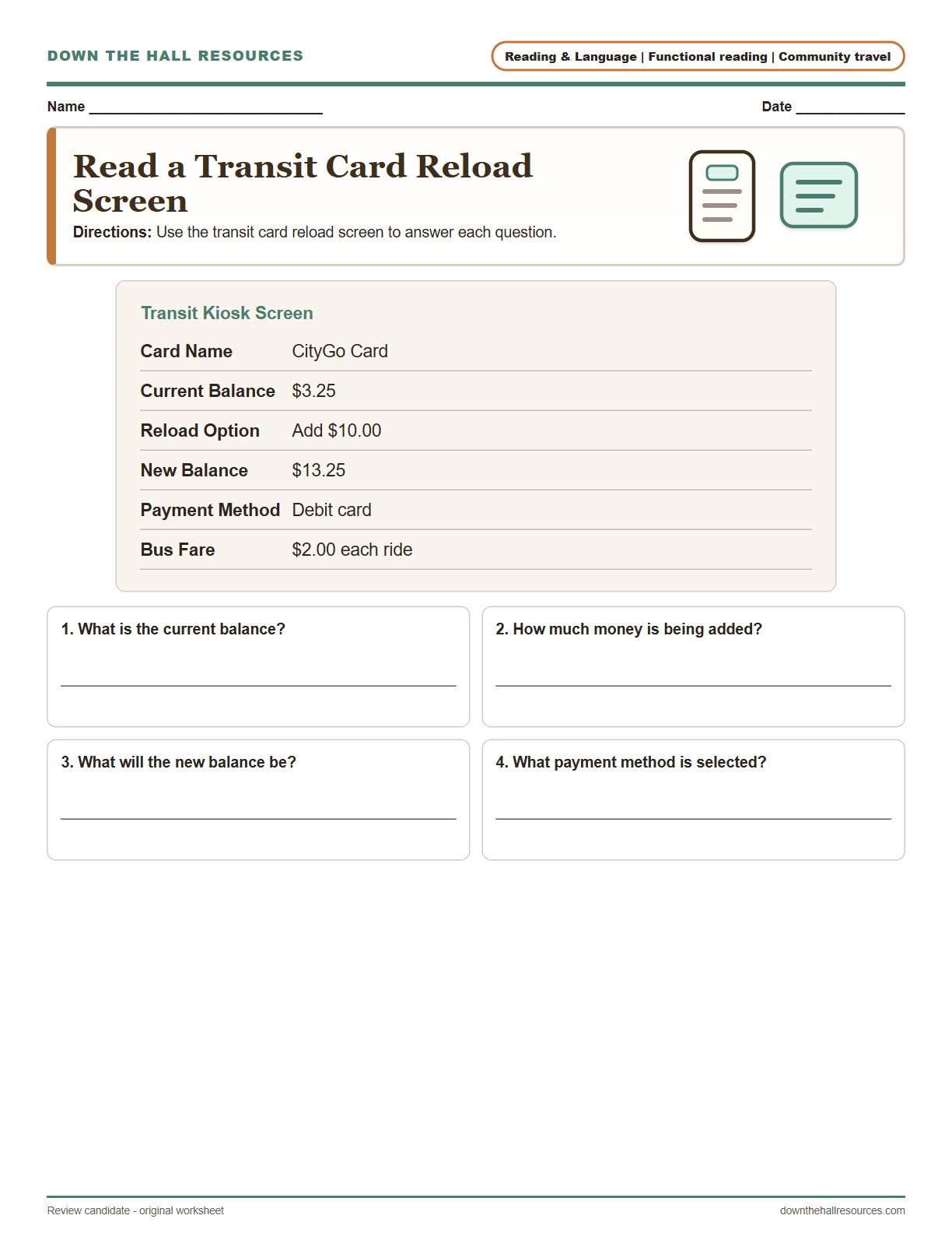 Read a Transit Card Reload Screen preview