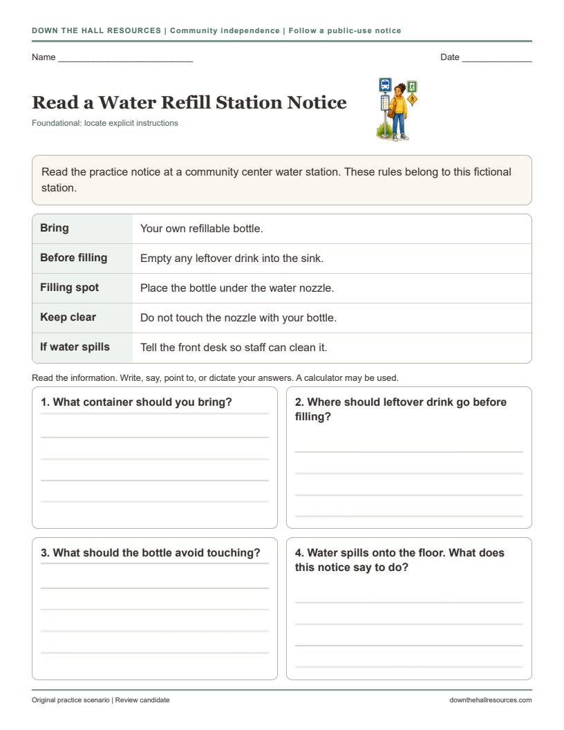 Read a Water Refill Station Notice printable worksheet preview