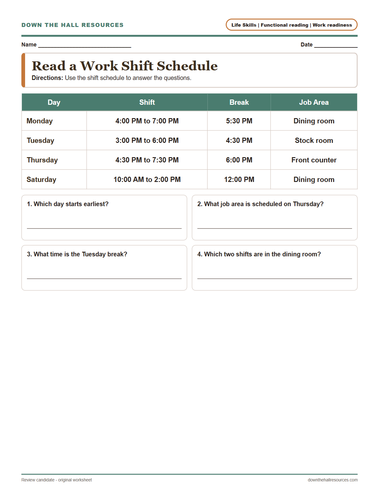 Read a Work Shift Schedule preview