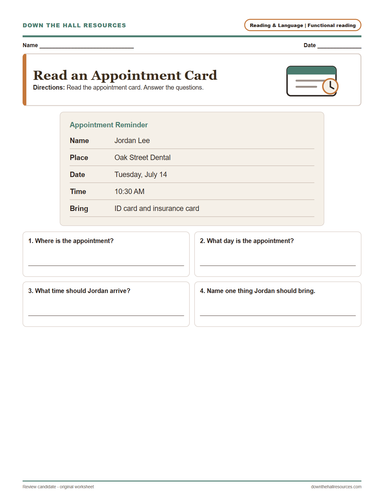 Read an Appointment Card worksheet preview
