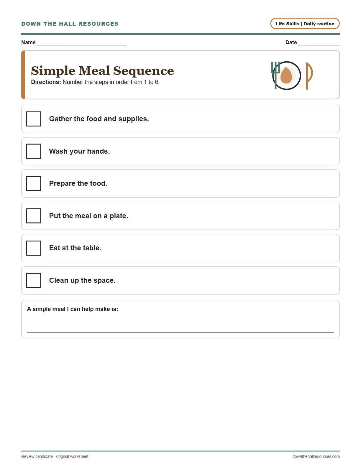 Preview of the Simple Meal Sequence printable worksheet