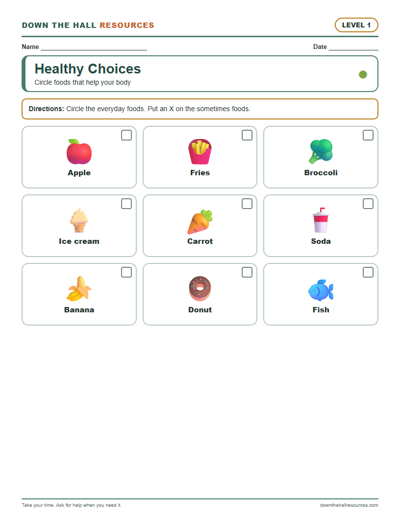 Healthy Choices - Level 1 worksheet preview