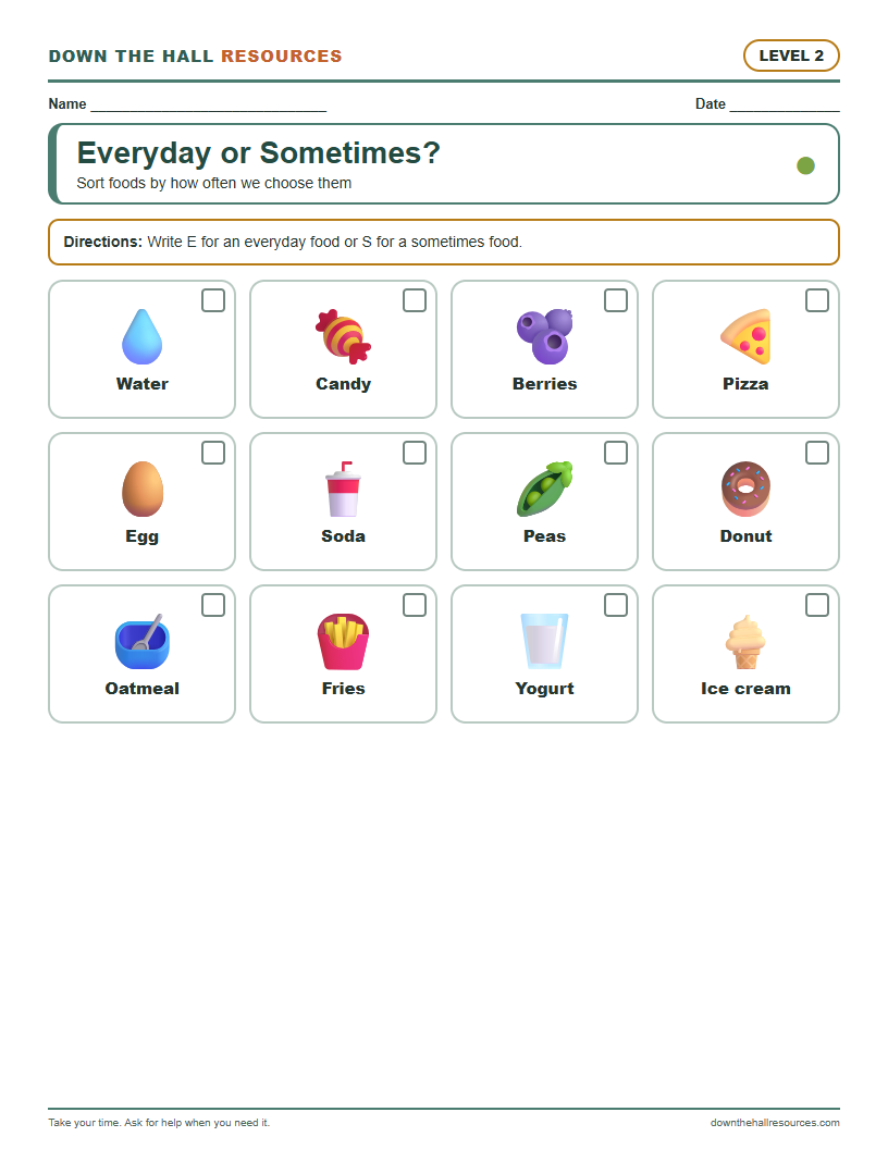 Everyday or Sometimes? - Level 2 worksheet preview