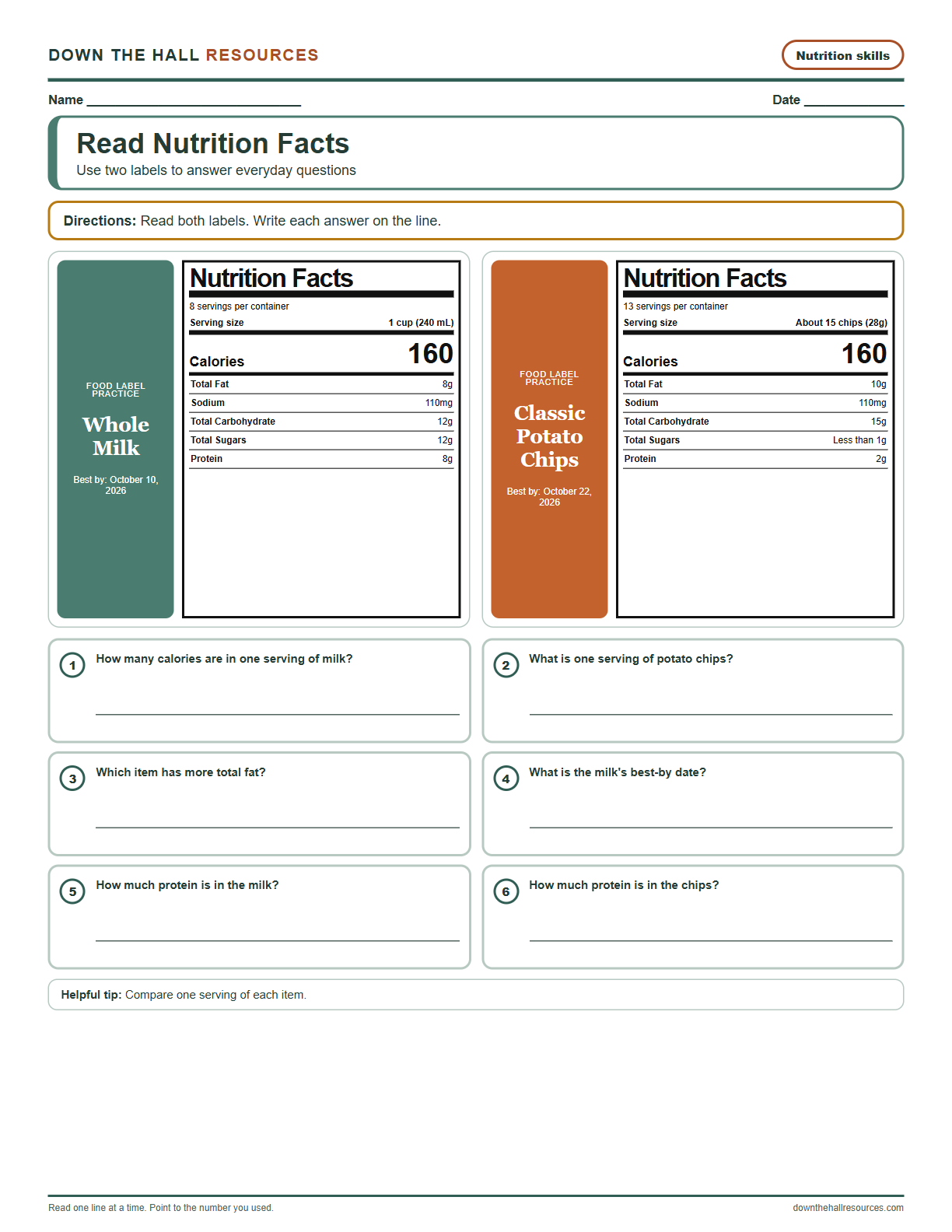 Nutrition Facts worksheet preview