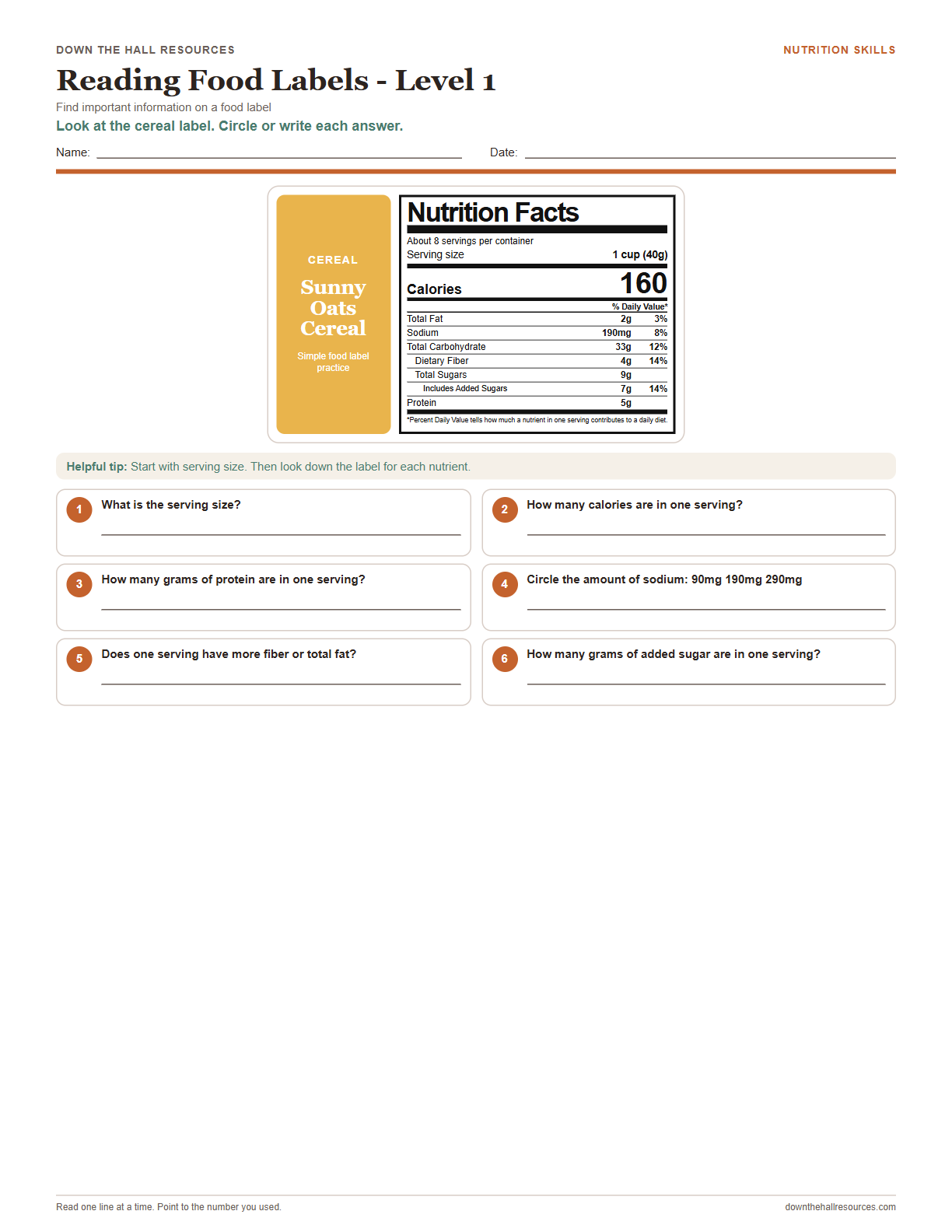 Reading Food Labels - Level 1 worksheet preview