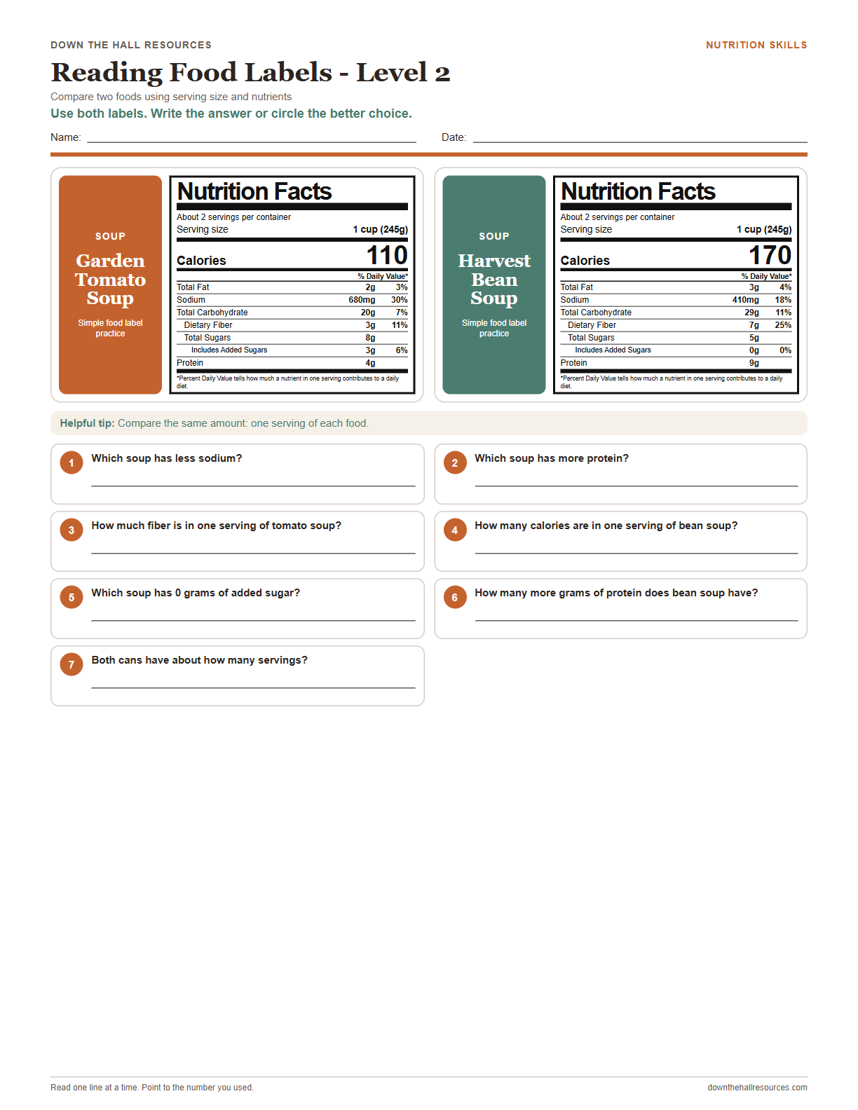 Reading Food Labels - Level 2 worksheet preview