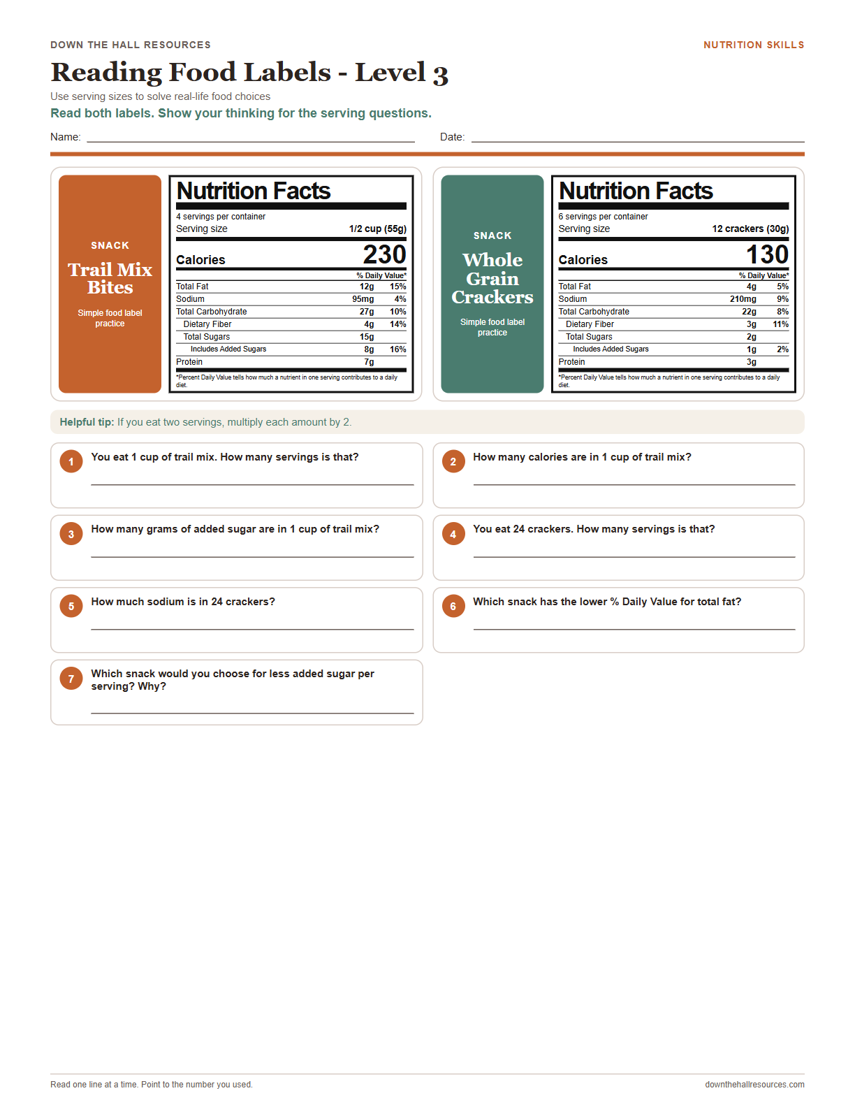 Reading Food Labels - Level 3 worksheet preview