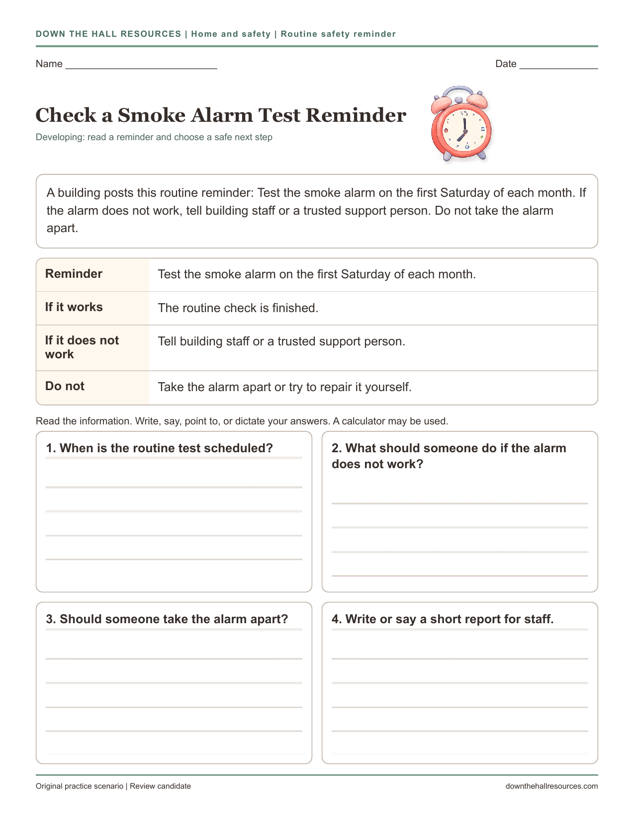 Check a Smoke Alarm Test Reminder printable worksheet preview