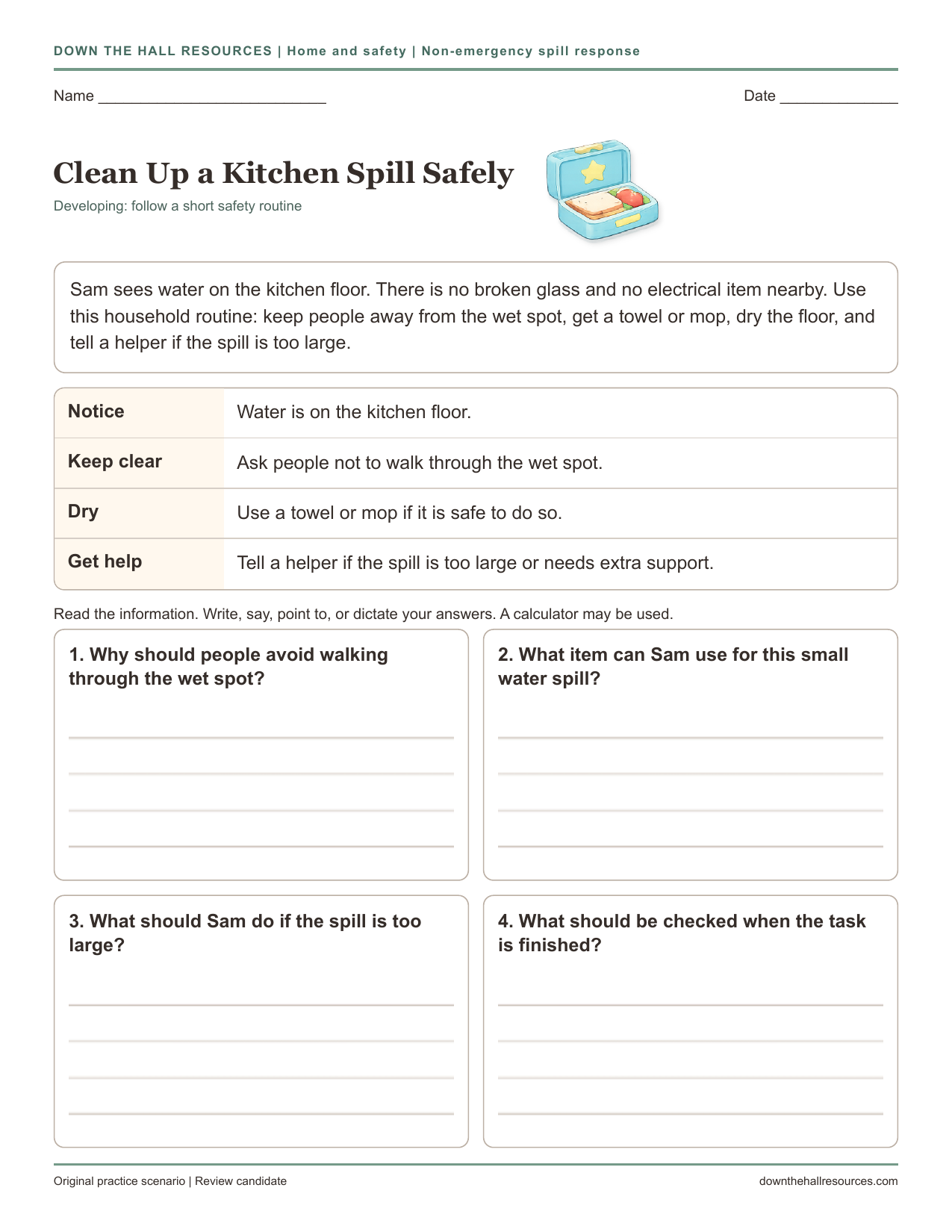 Clean Up a Kitchen Spill Safely printable worksheet preview