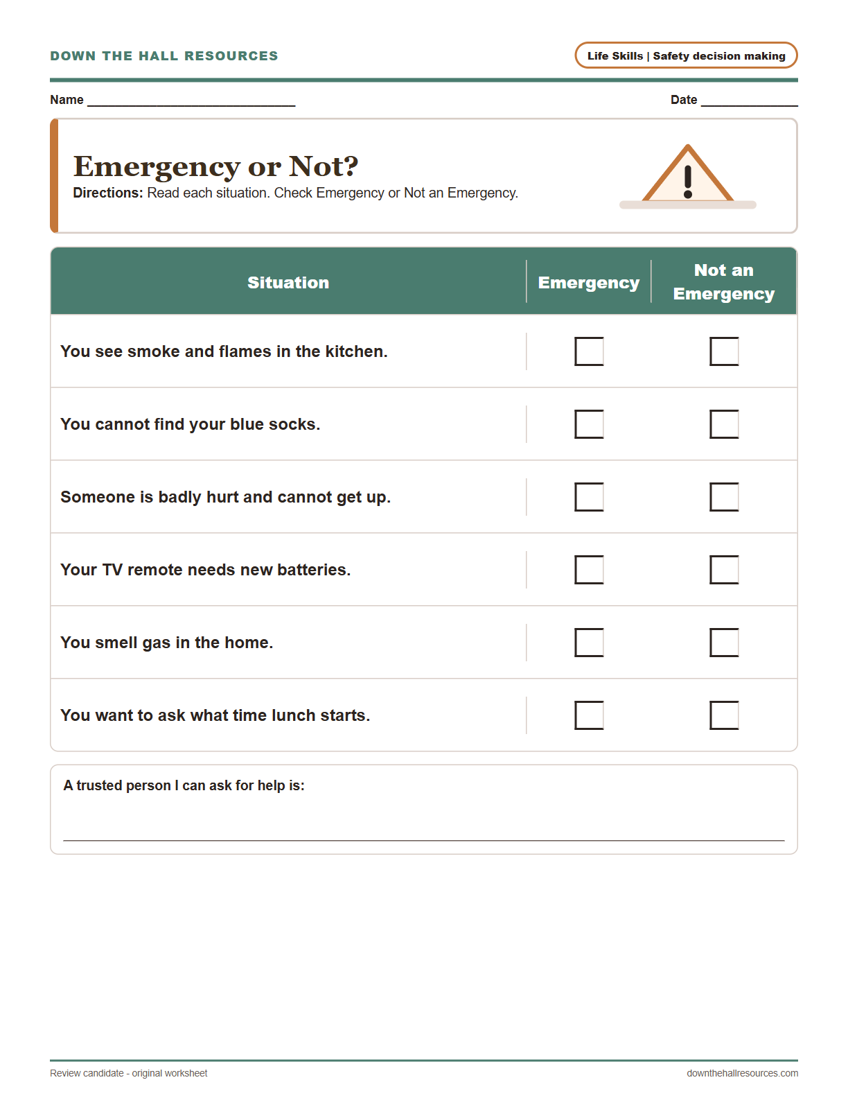 Emergency or Not? worksheet preview