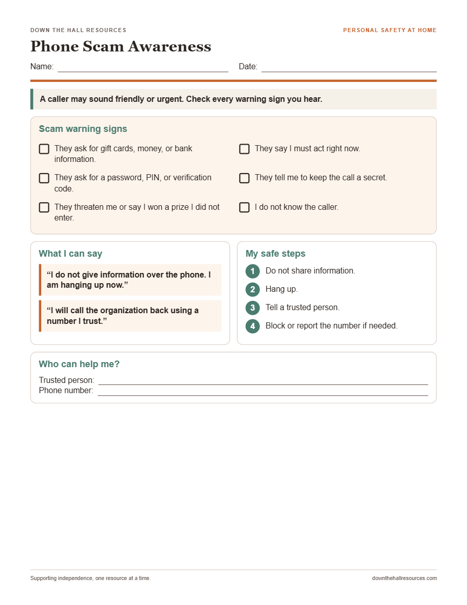 Phone Scam Awareness worksheet preview