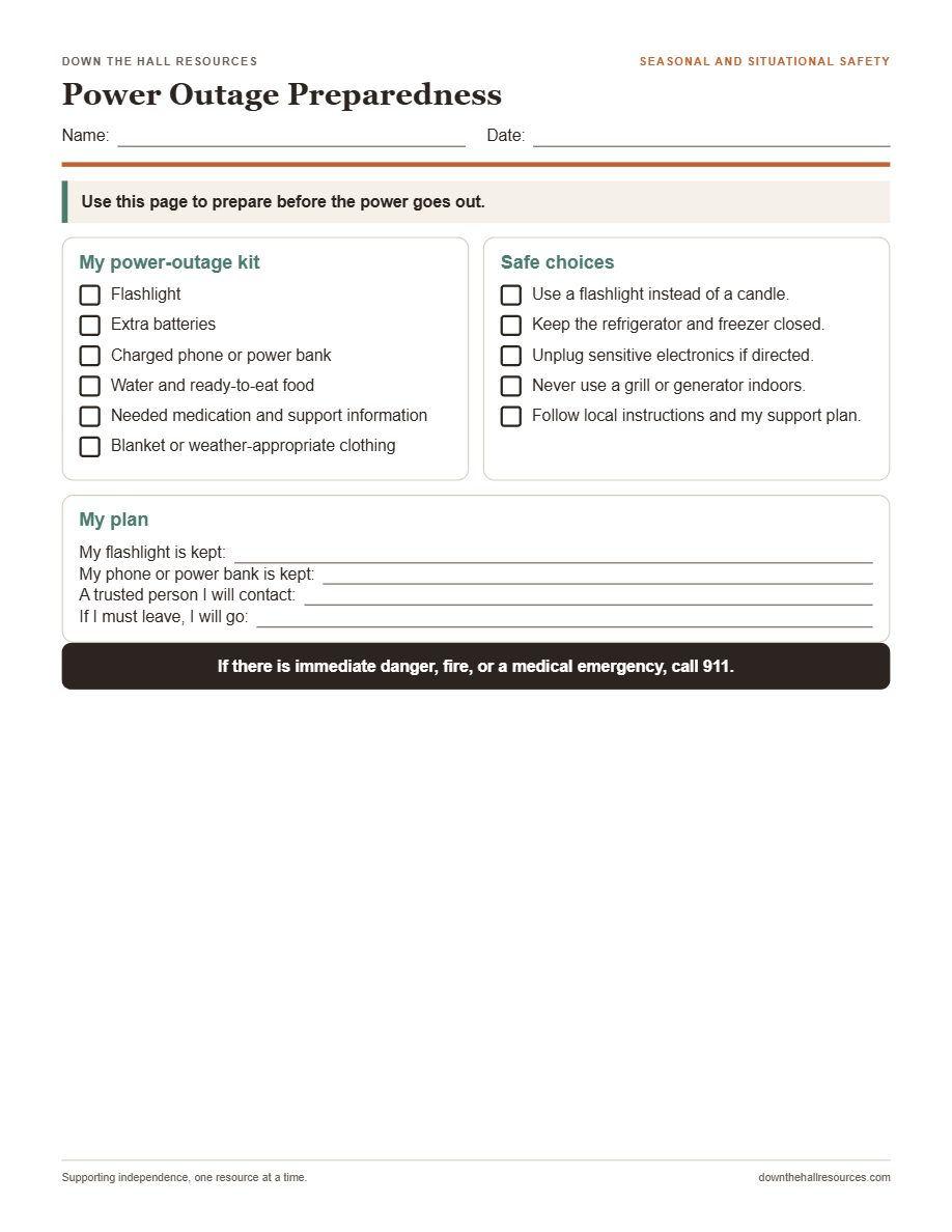 Power Outage Preparedness worksheet preview