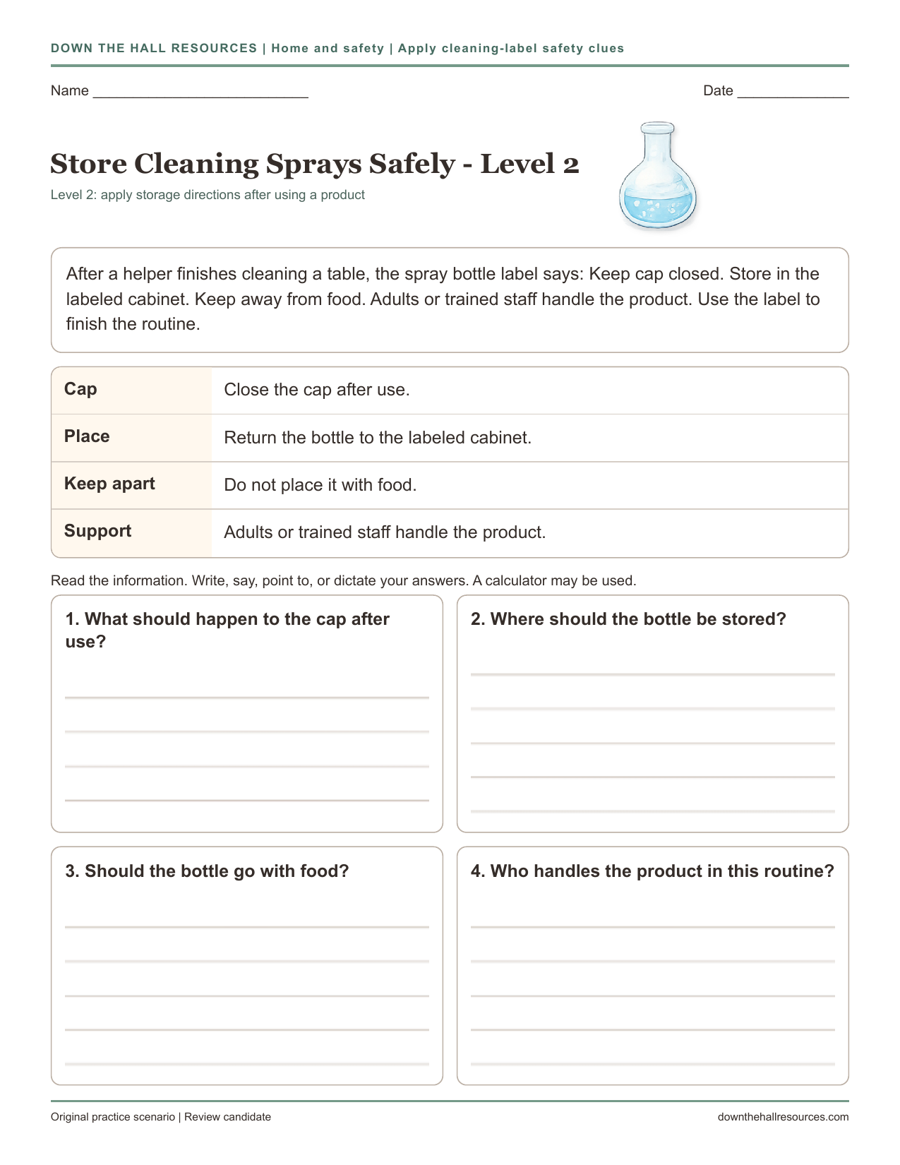 Store Cleaning Sprays Safely - Level 2 printable worksheet preview