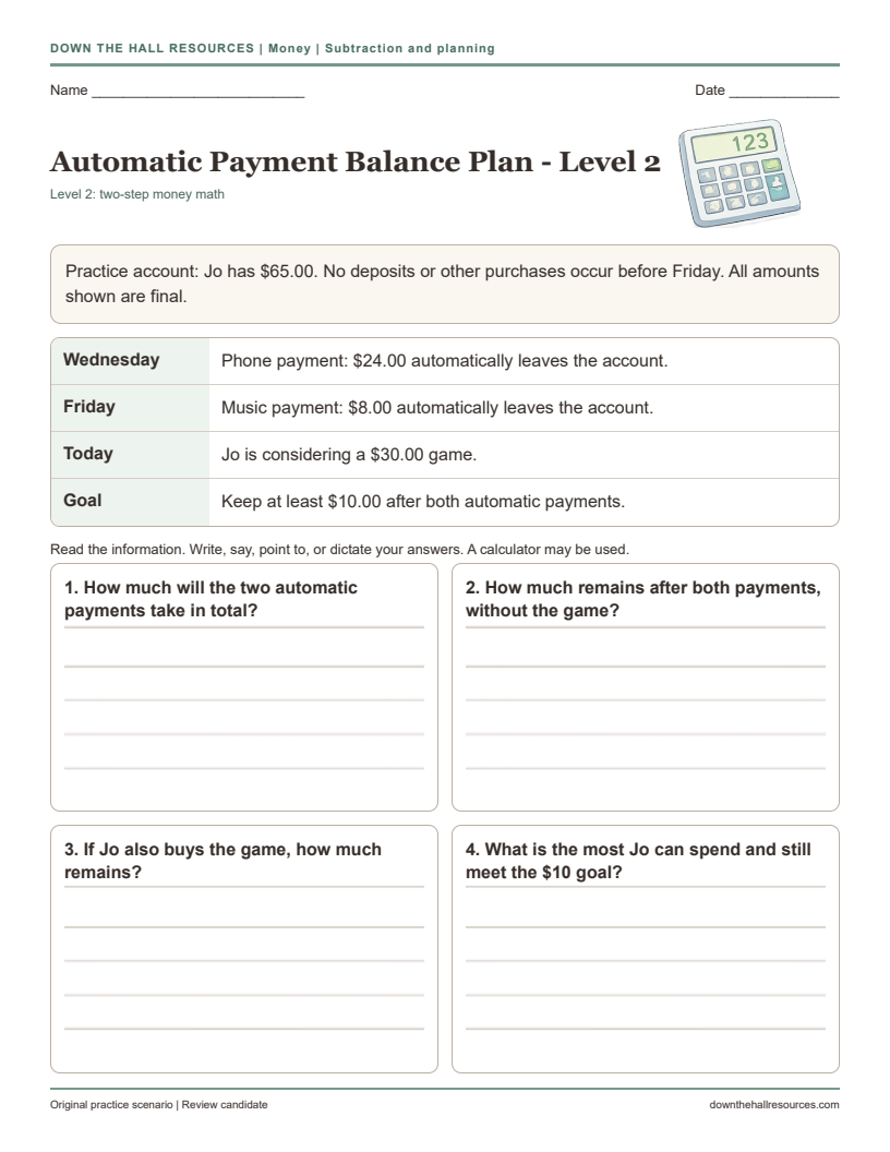 Automatic Payment Balance Plan Level 2 printable worksheet preview