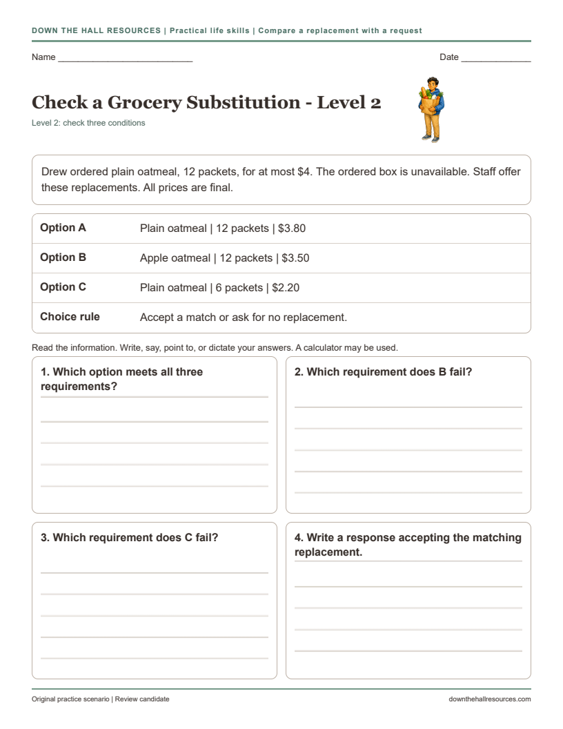 Check a Grocery Substitution Level 2 printable worksheet preview
