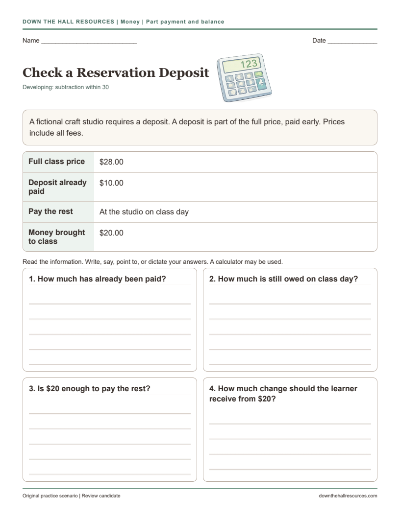 Check a Reservation Deposit printable worksheet preview