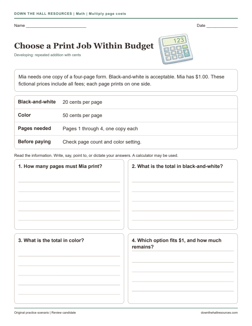 Choose a Print Job Within Budget printable worksheet preview
