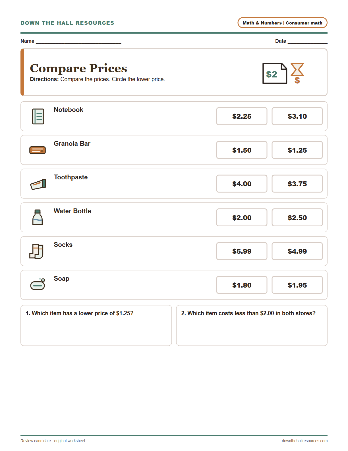 Compare Prices worksheet preview