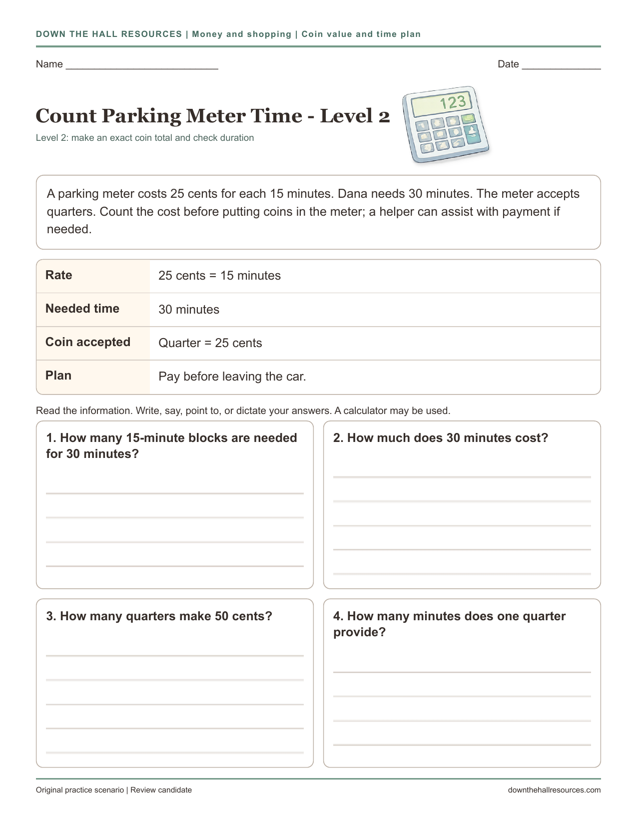 Count Parking Meter Time - Level 2 printable worksheet preview