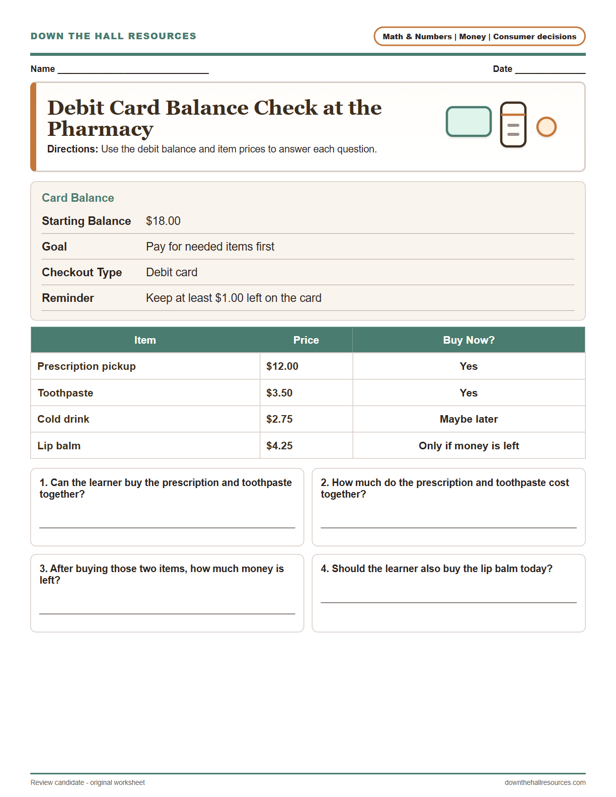 Debit Card Balance Check at the Pharmacy printable worksheet preview