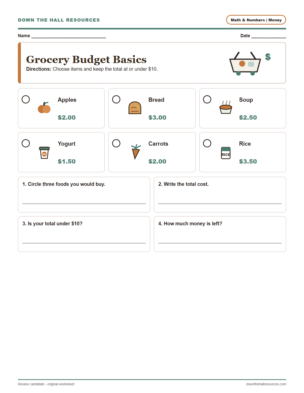 Grocery Budget Basics worksheet preview