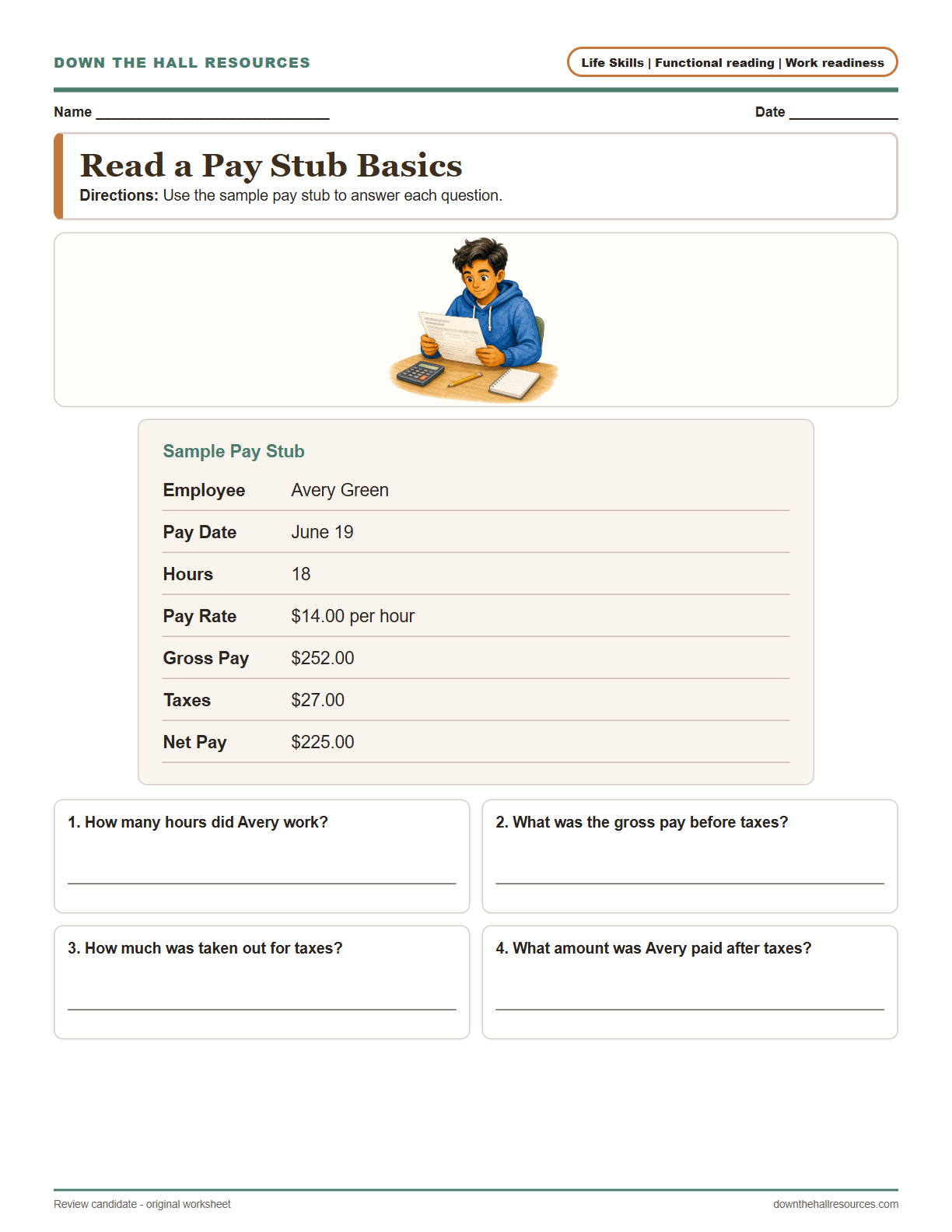 Preview of the Read a Pay Stub Basics printable worksheet