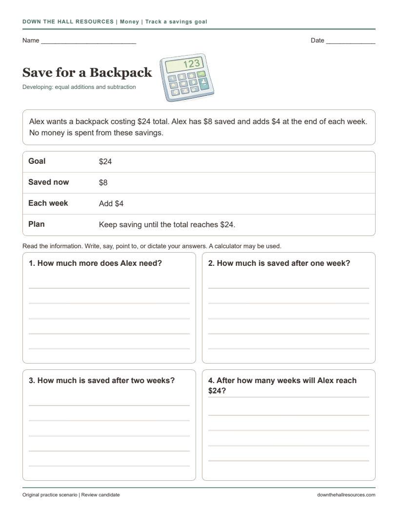 Save for a Backpack printable worksheet preview
