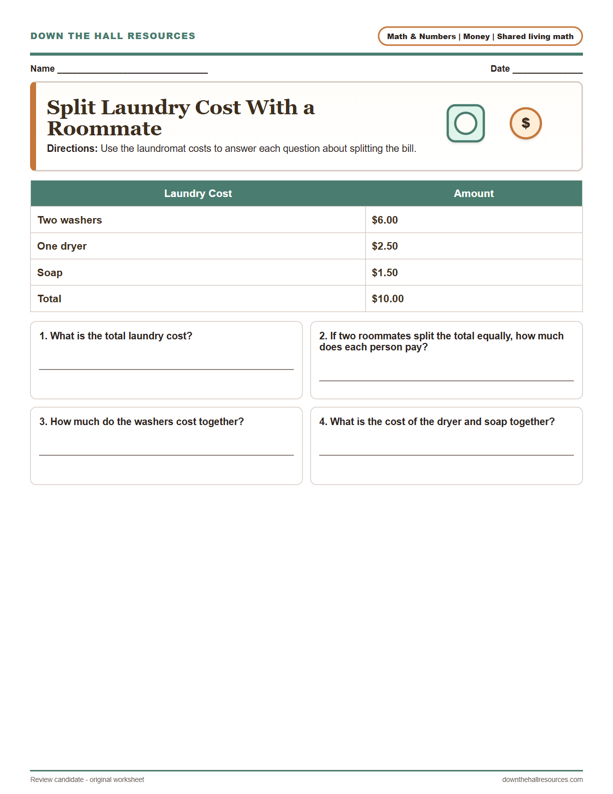 Split Laundry Cost With a Roommate printable worksheet preview