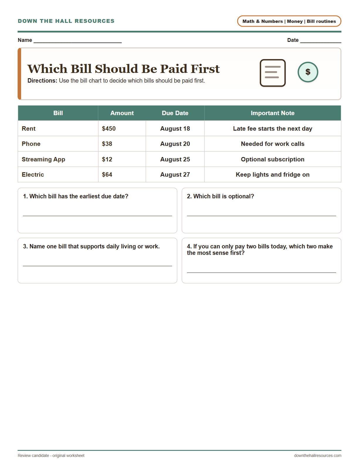 Which Bill Should Be Paid First printable worksheet preview