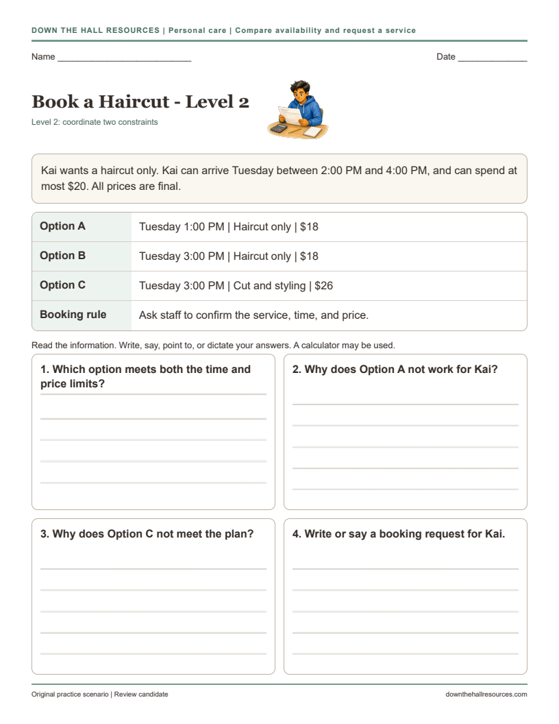 Book a Haircut Level 2 printable worksheet preview