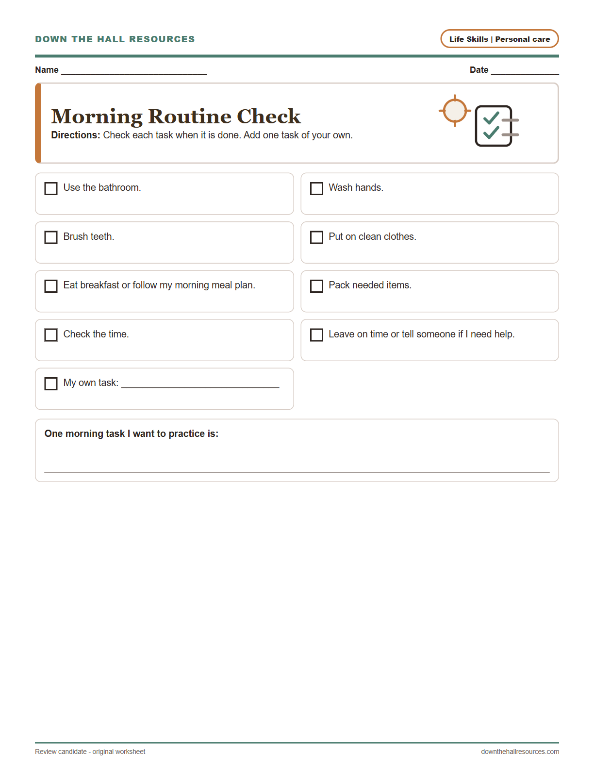 Morning Routine Check worksheet preview