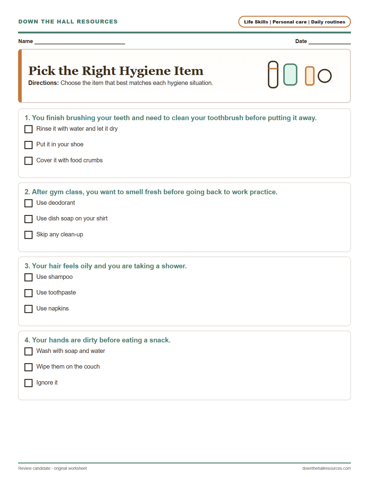 Pick the Right Hygiene Item printable worksheet preview