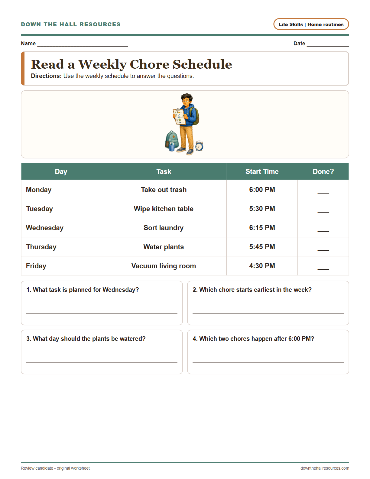 Read a Weekly Chore Schedule worksheet preview