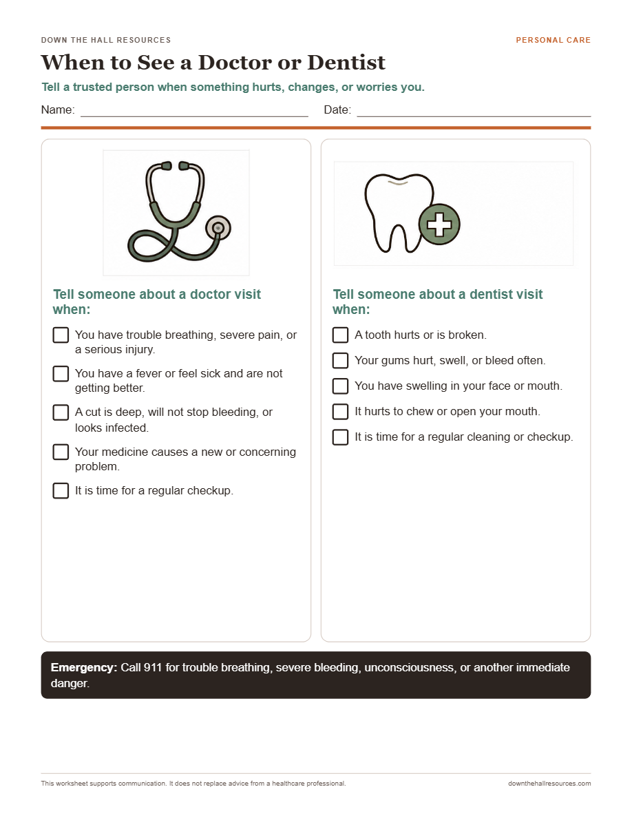 When to See a Doctor or Dentist worksheet preview