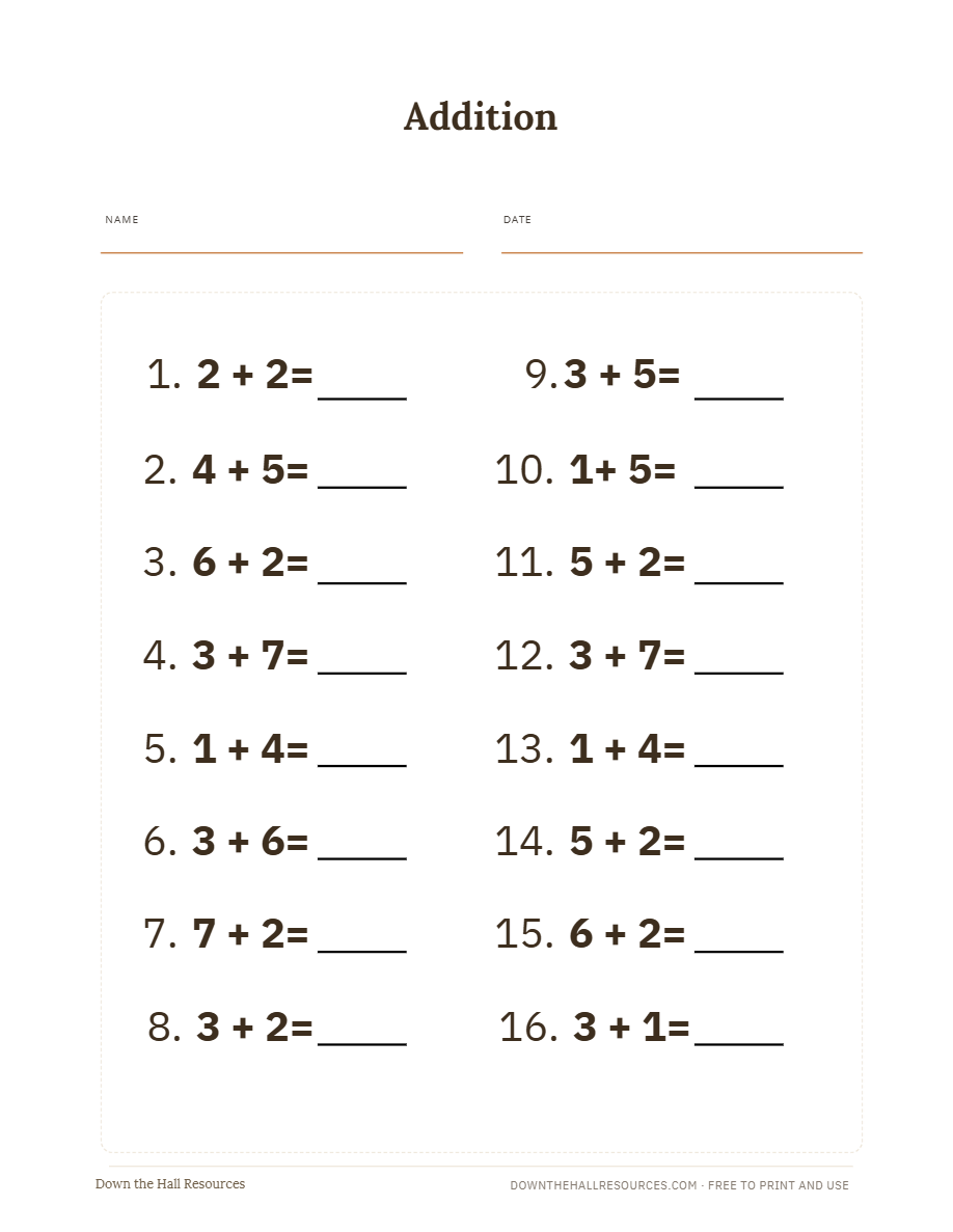Preview of the Addition — Level 1 printable worksheet