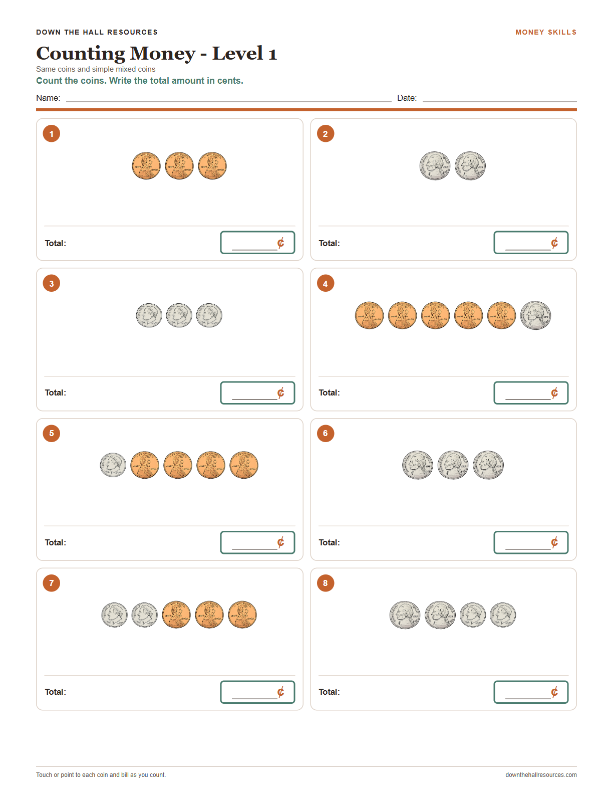 Counting Money - Level 1 worksheet preview