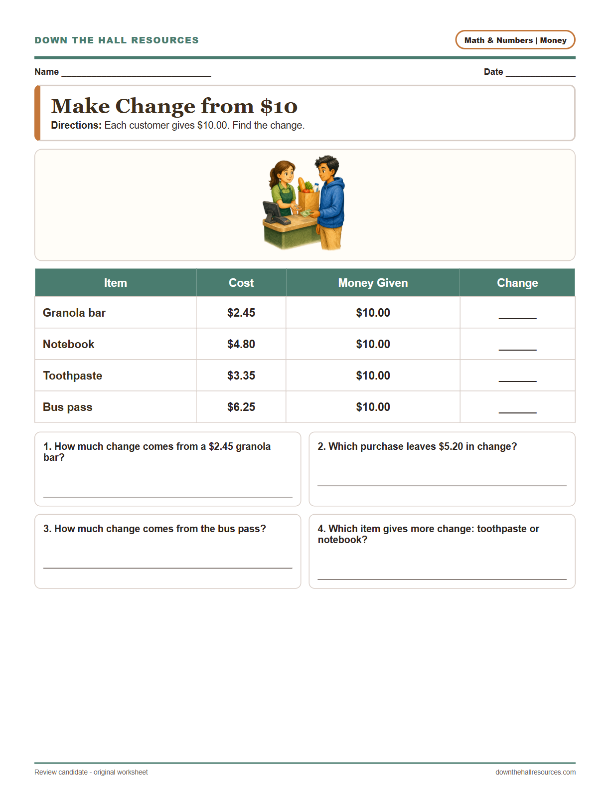 Make Change from $10 worksheet preview