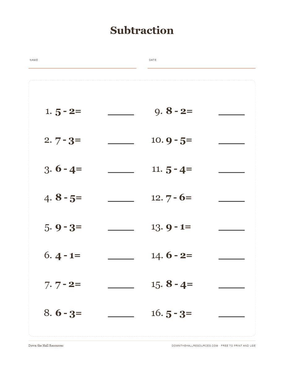 Subtraction — Level 1 worksheet preview