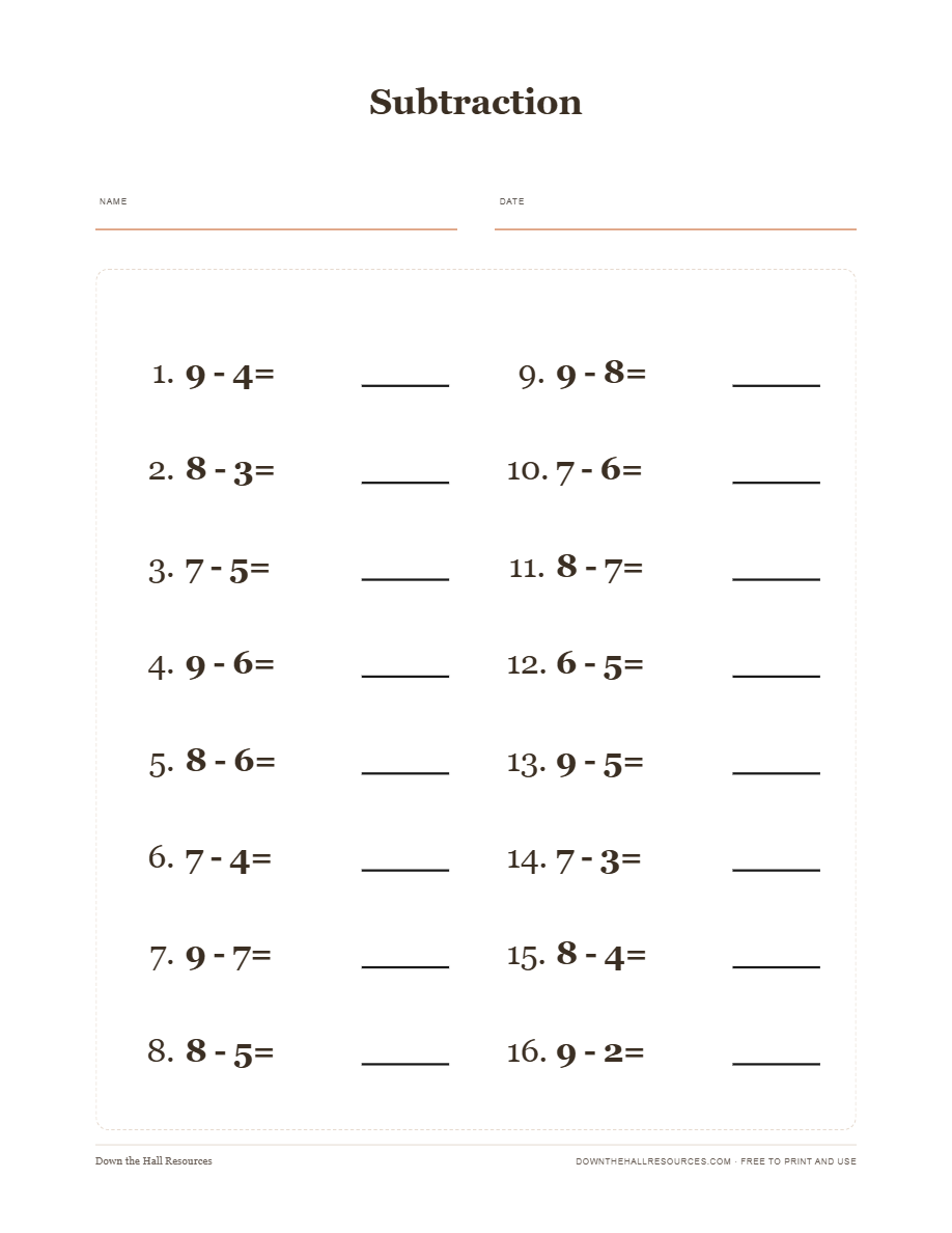 Preview of the Subtraction — Level 2 printable worksheet